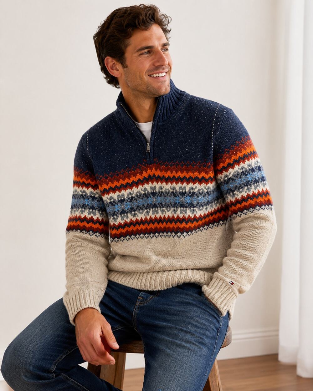 Tommy Hilfiger Men's SZ L 1/4 Zip Wool Silk Blend Fair Isle Sweater Tan Multi